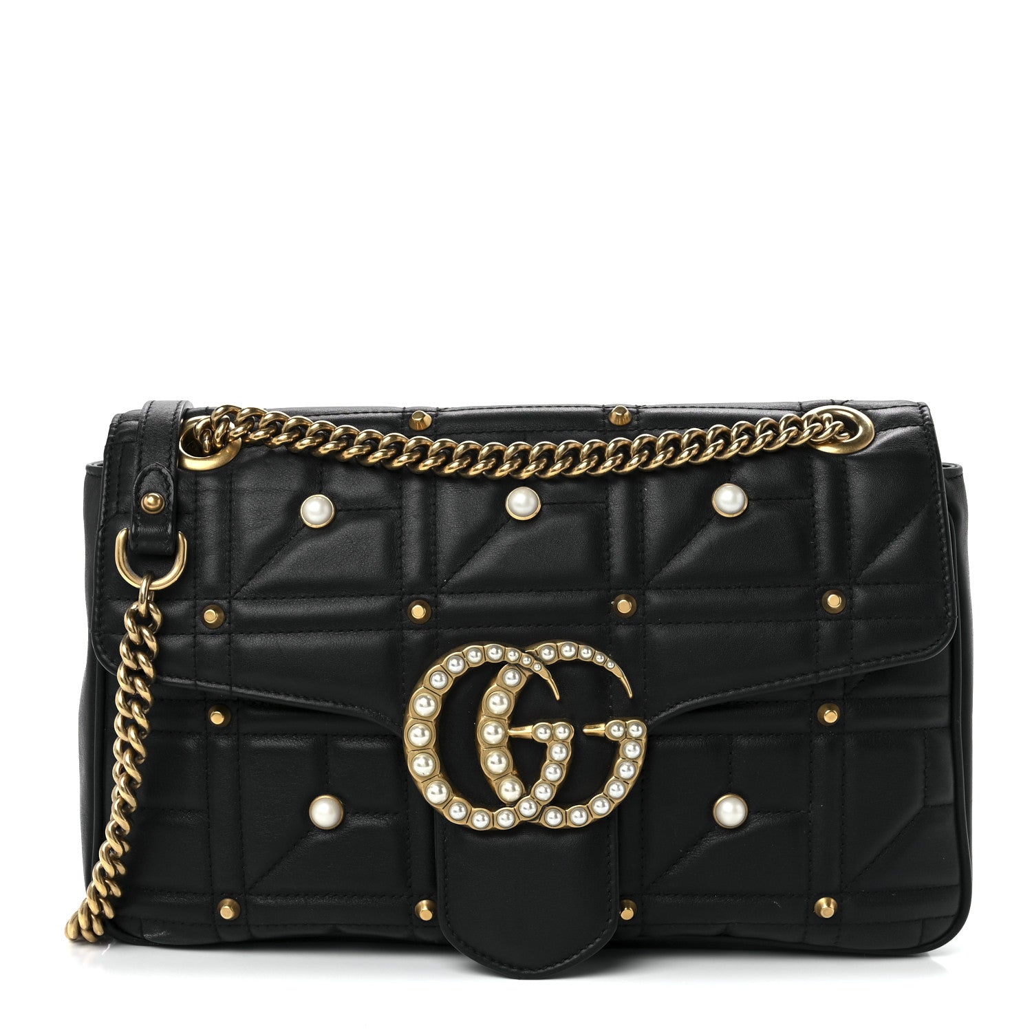 Gucci Calfskin Matelasse Studded Medium Pearly GG Marmont Shoulder Bag Black 1 of 12