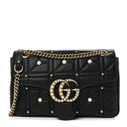 Gucci Calfskin Matelasse Studded Medium Pearly GG Marmont Shoulder Bag Black 1 of 12