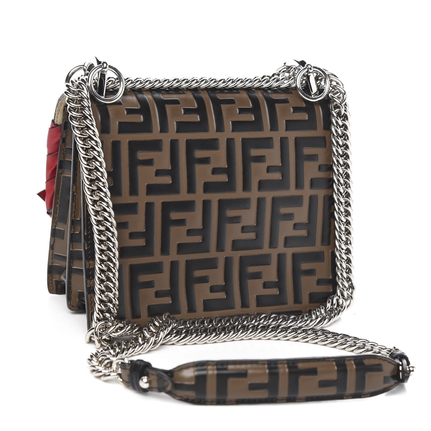 Vitello Shiny Nappa Bi-Color FF 1974 Lace Up Bow Embossed Small Kan I Shoulder Bag Maya Black Fragola