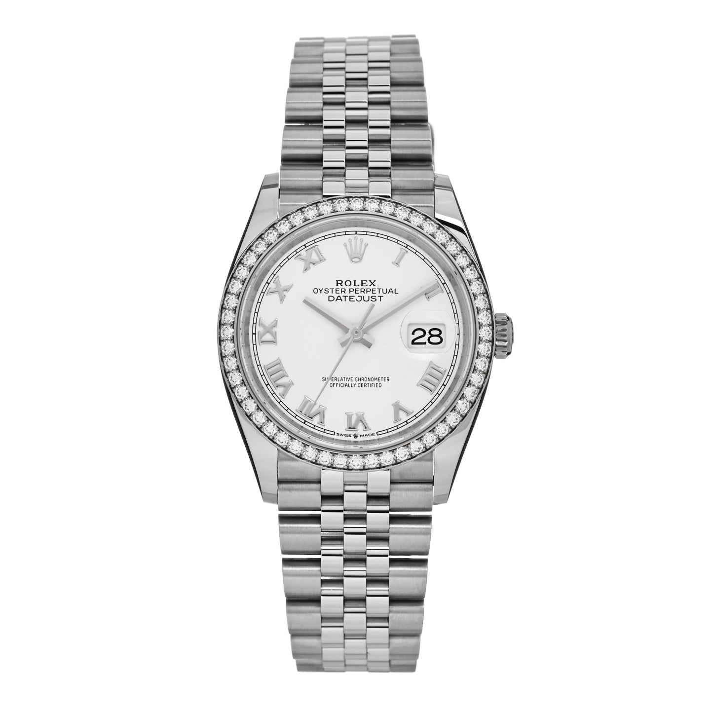 Stainless Steel 18K White Gold Diamond Bezel 36mm Oyster Perpetual Datejust Watch White 126284RBR