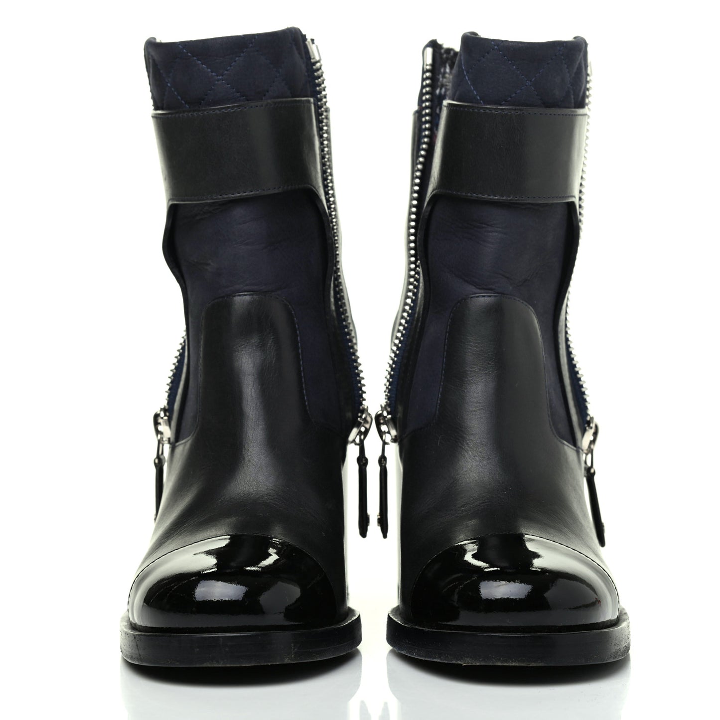 Calfskin Patent Cap Toe Short Ankle Boots 38 Navy Black