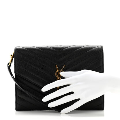 Saint Laurent Grain De Poudre Matelasse Chevron Monogram Envelope Clutch Black 2 of 8