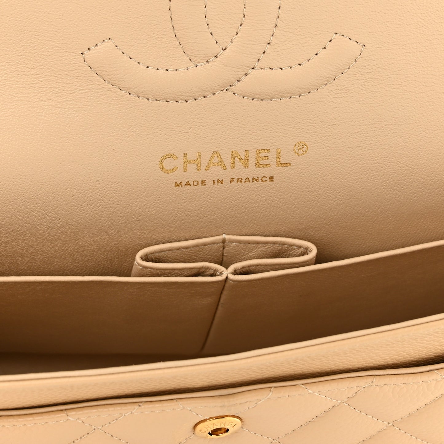 Caviar Quilted Medium Double Flap Beige