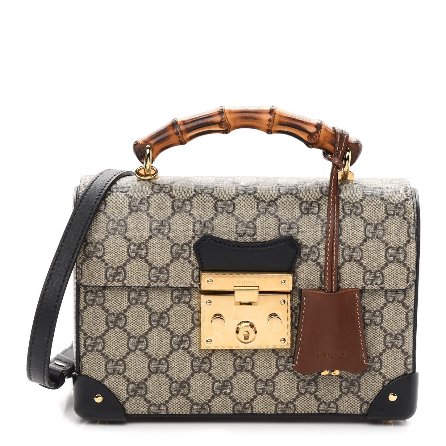 GG Supreme Monogram Small Padlock Bamboo Shoulder Bag Beige Black Cuir