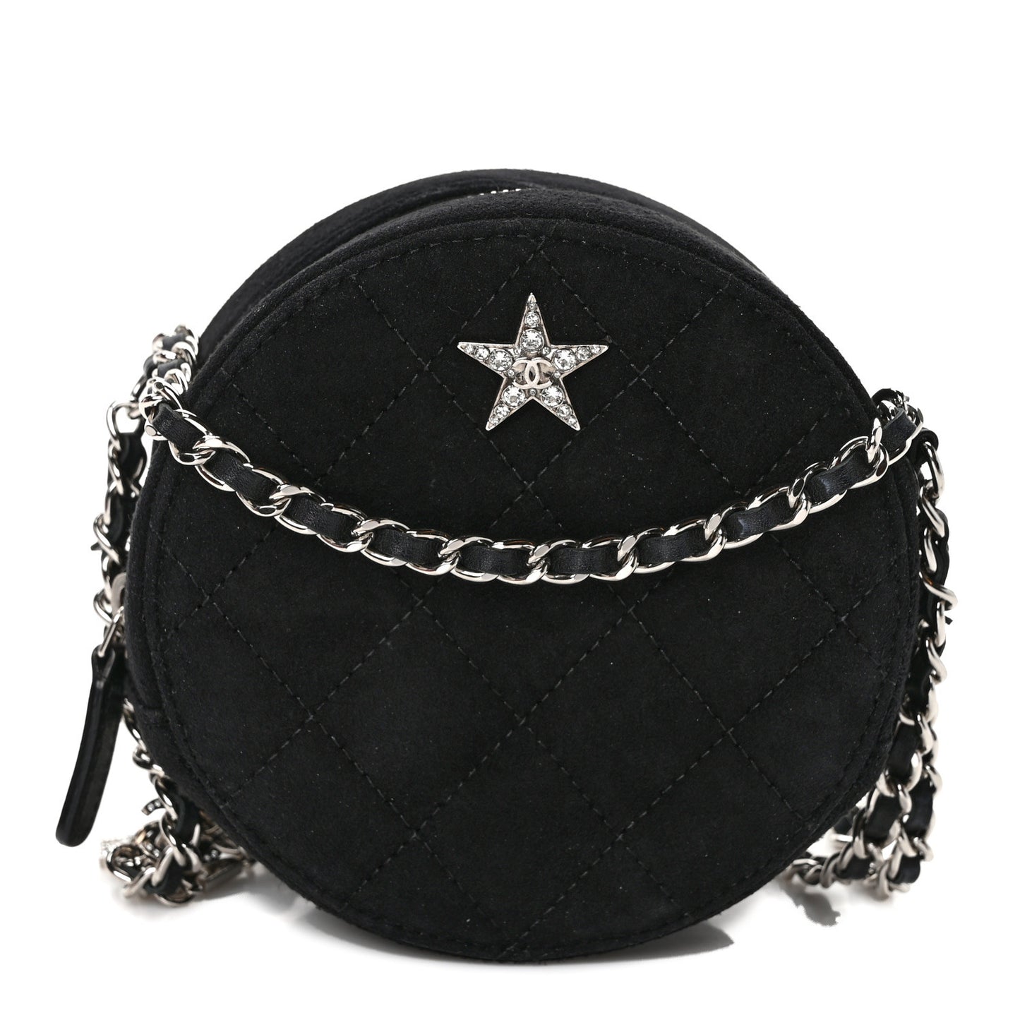 Suede Quilted Crystal Round Clutch With Logo Chain Black