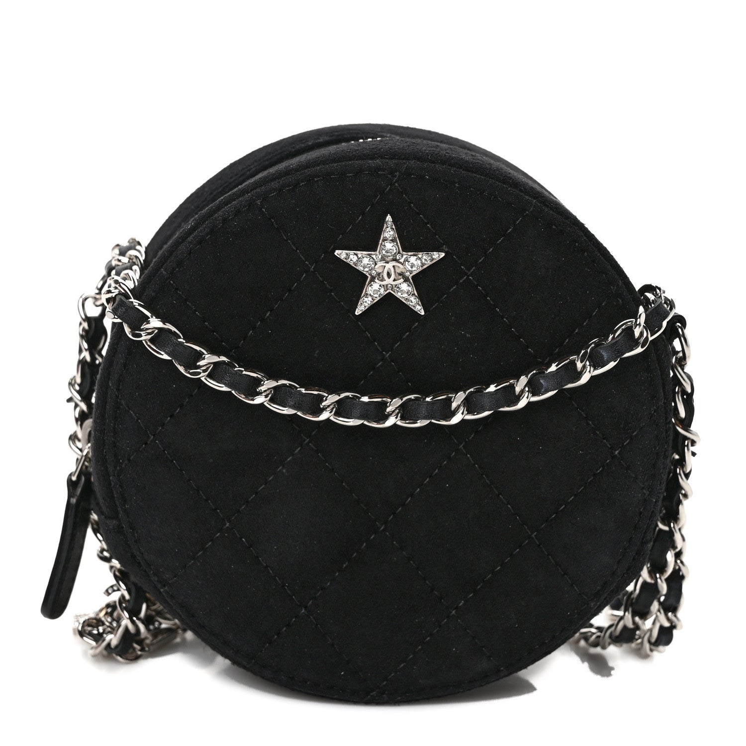 Chanel Suede Quilted Crystal Round Clutch With Logo Chain Black 1 of 10