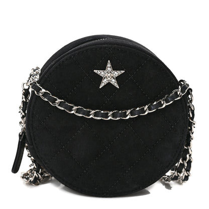 Chanel Suede Quilted Crystal Round Clutch With Logo Chain Black 1 of 10