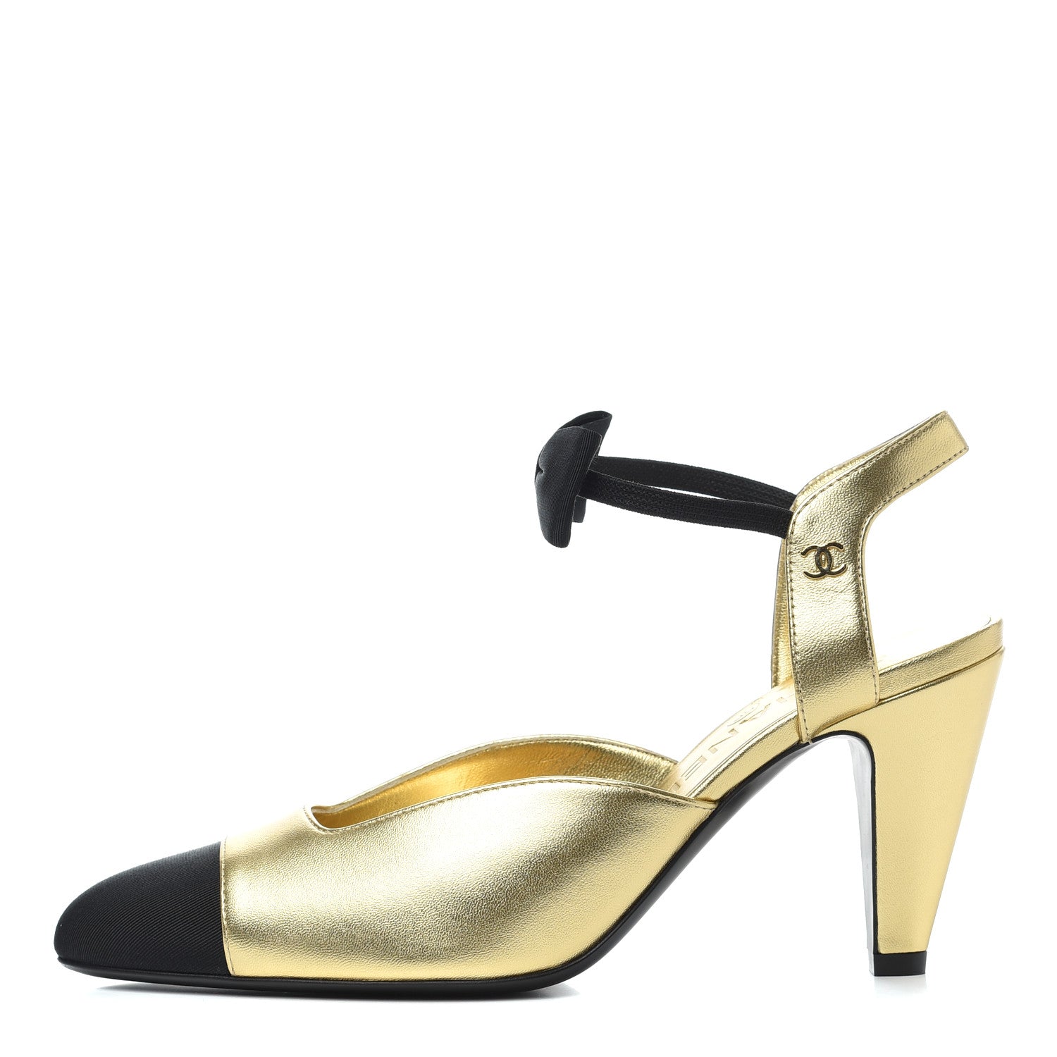 Chanel Laminated Lambskin Grosgrain Cap Toe CC Pumps 36 Gold Black 1 of 9