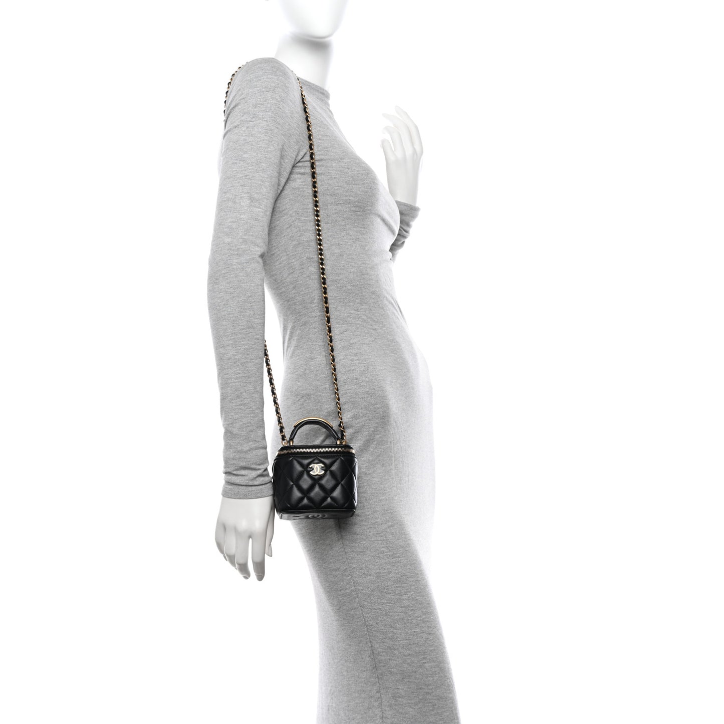 Lambskin Quilted Metal Mini Top Handle Vanity Case With Chain Black