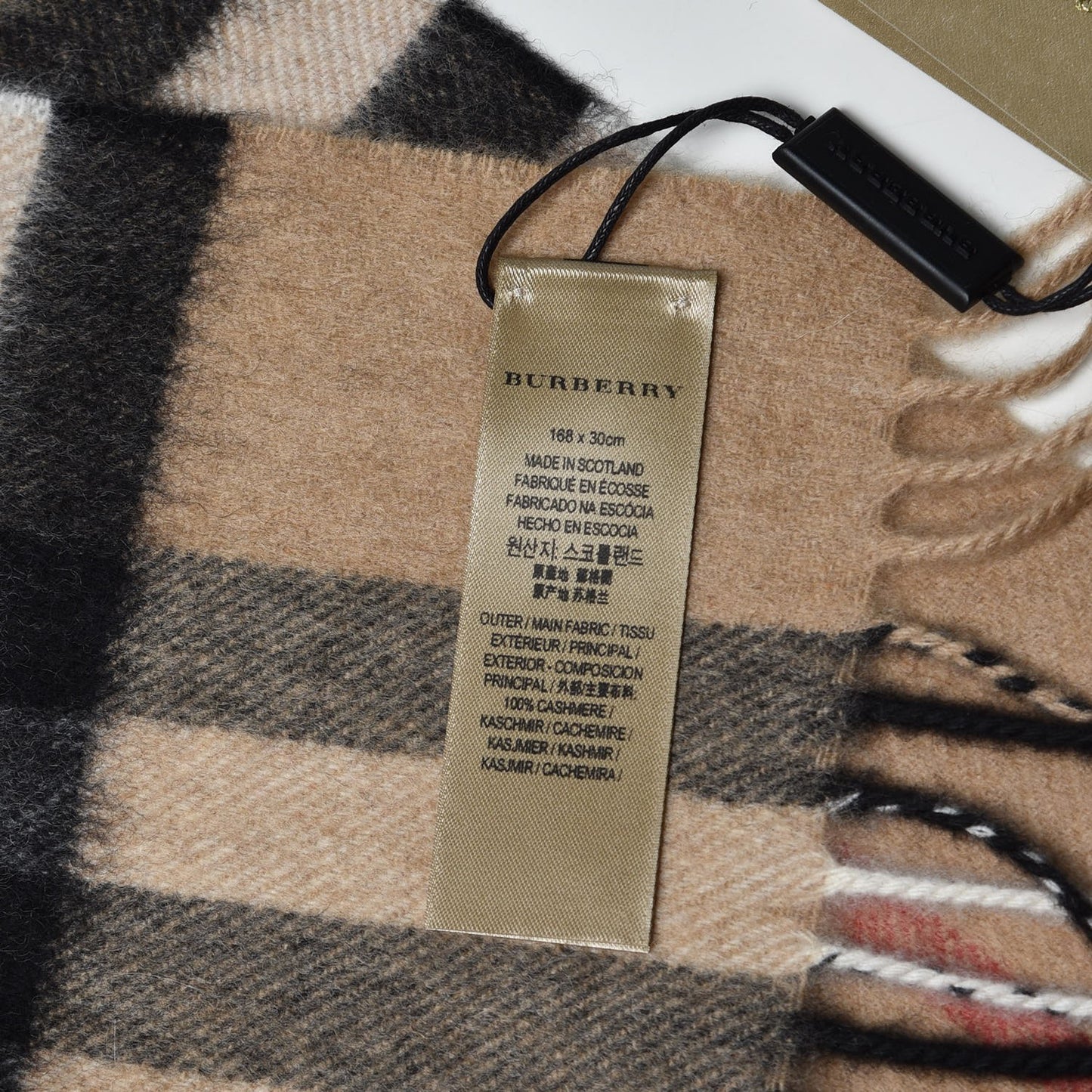 Cashmere Giant Check Fringe Scarf Camel