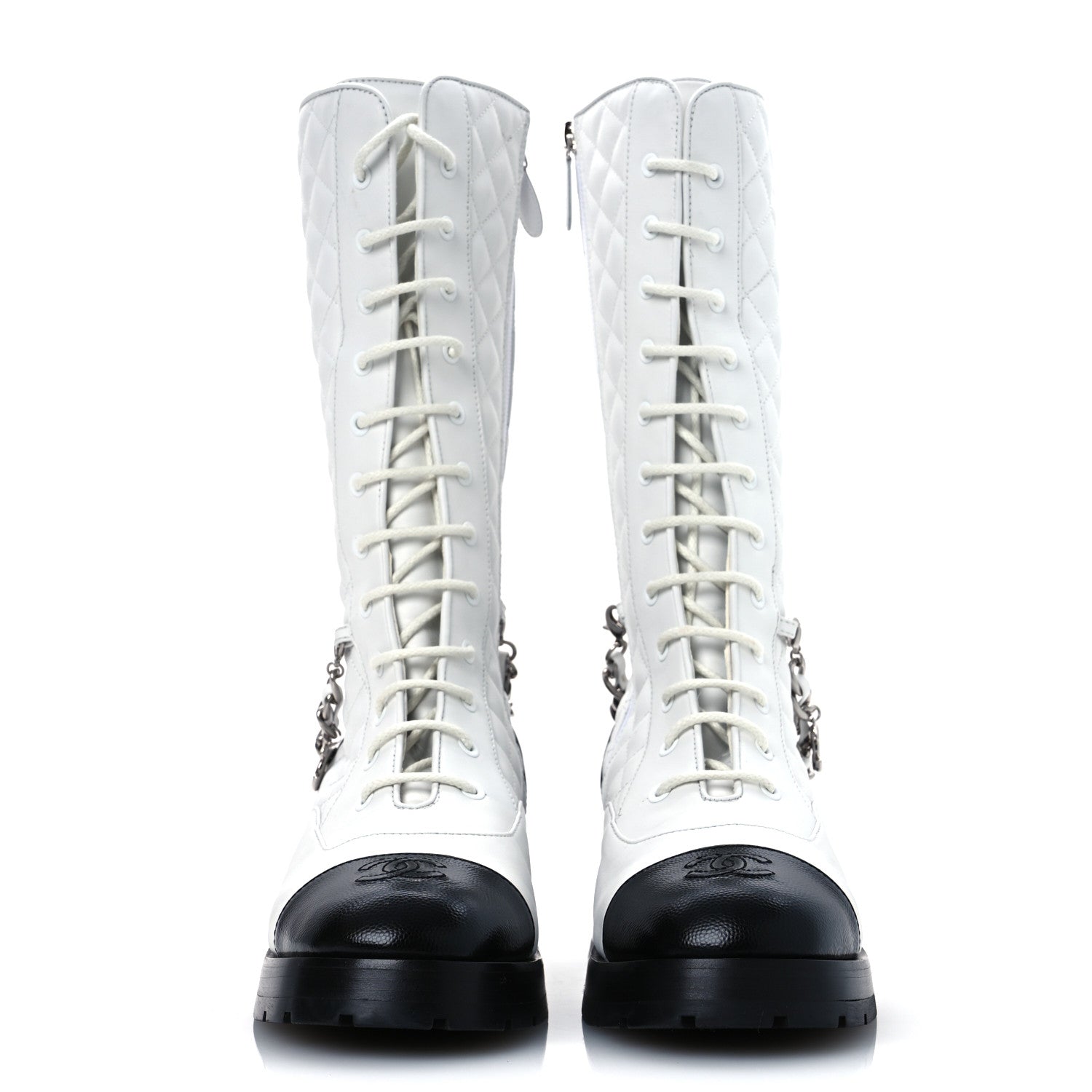 Chanel Grained Calfskin Quilted Chain Lace Up Combat Long Boots 40.5 White Black 3 of 13