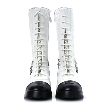 Chanel Grained Calfskin Quilted Chain Lace Up Combat Long Boots 40.5 White Black 3 of 13