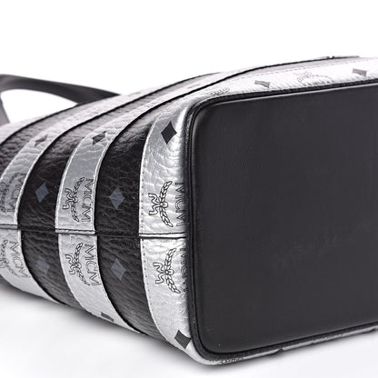 MCM Metallic Visetos Striped Medium Anya Shopper Tote Black Silver 9 of 11