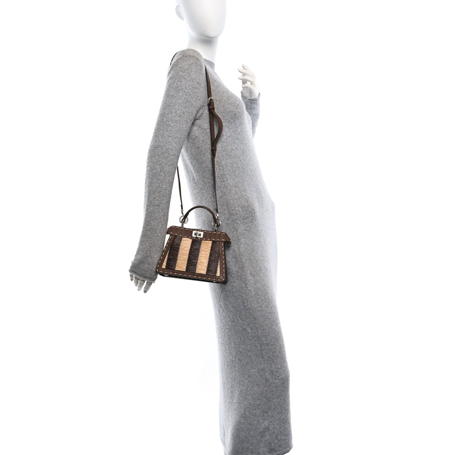 Fendi Fabric Woven Cuoio Romano Selleria Petite Peekaboo I SEE U Satchel Natural Gianduia 2 of 9