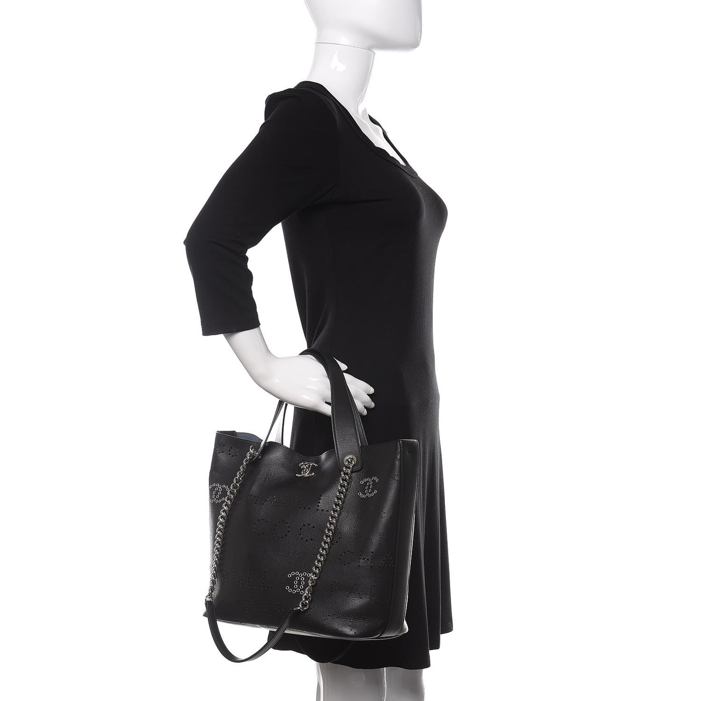 Calfskin Tweed Small Logo Eyelets Shopping Tote Black