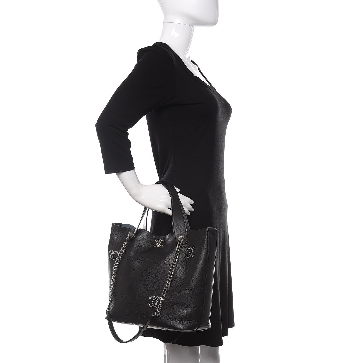 Chanel Calfskin Tweed Small Logo Eyelets Shopping Tote Black 2 of 12