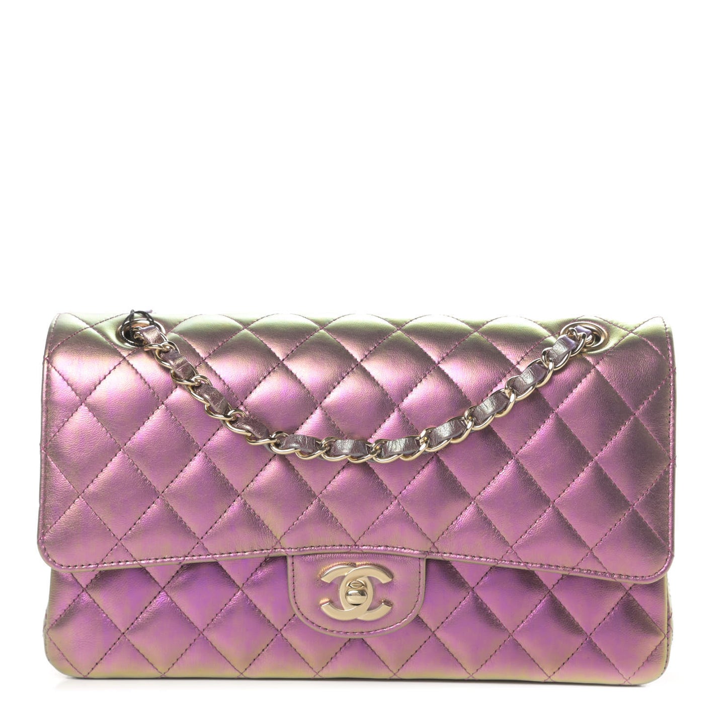 Iridescent Lambskin Quilted Medium Double Flap Purple