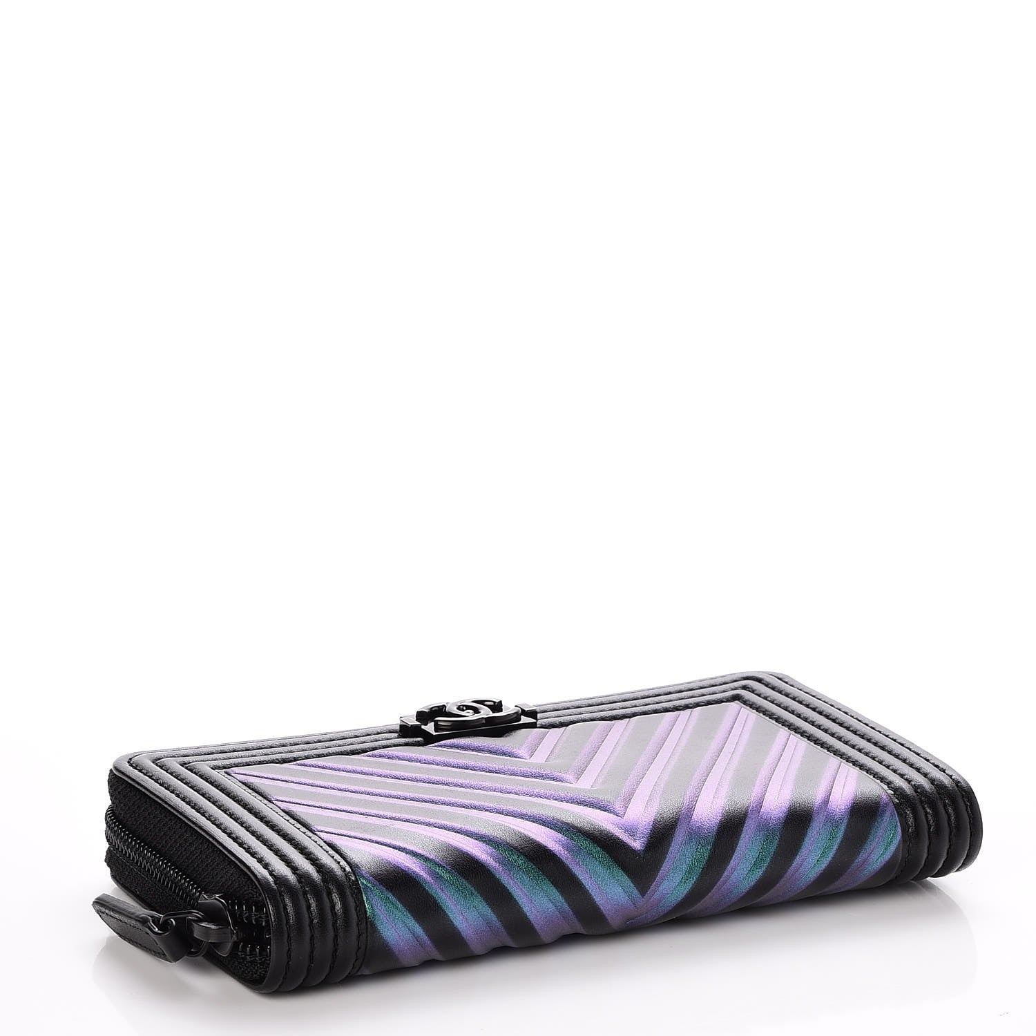 Chanel Calfskin Painted Chevron Embossed Small Boy Zip Wallet Black 4 of 8