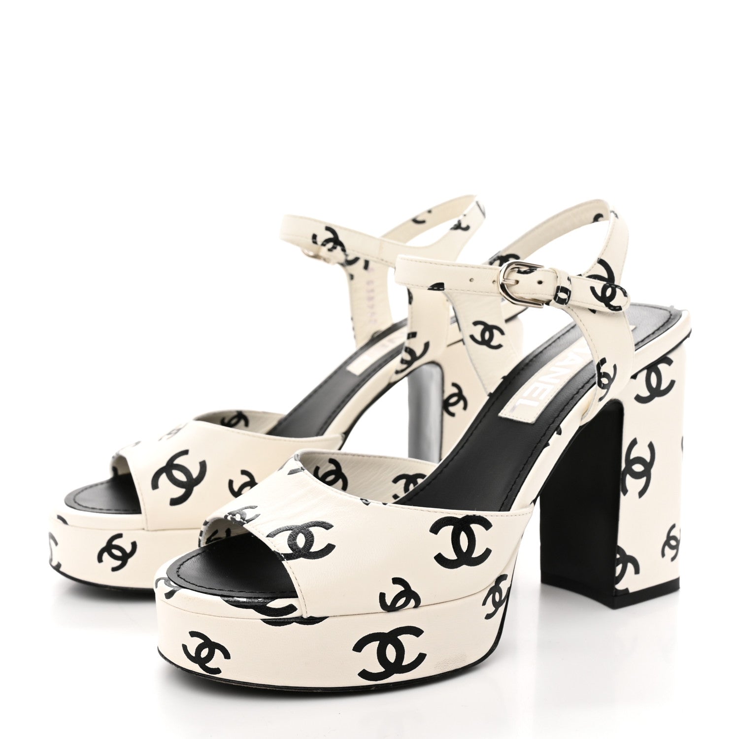 Chanel Printed Lambskin Coco Beach Platform Sandals 37 White Black 3 of 15