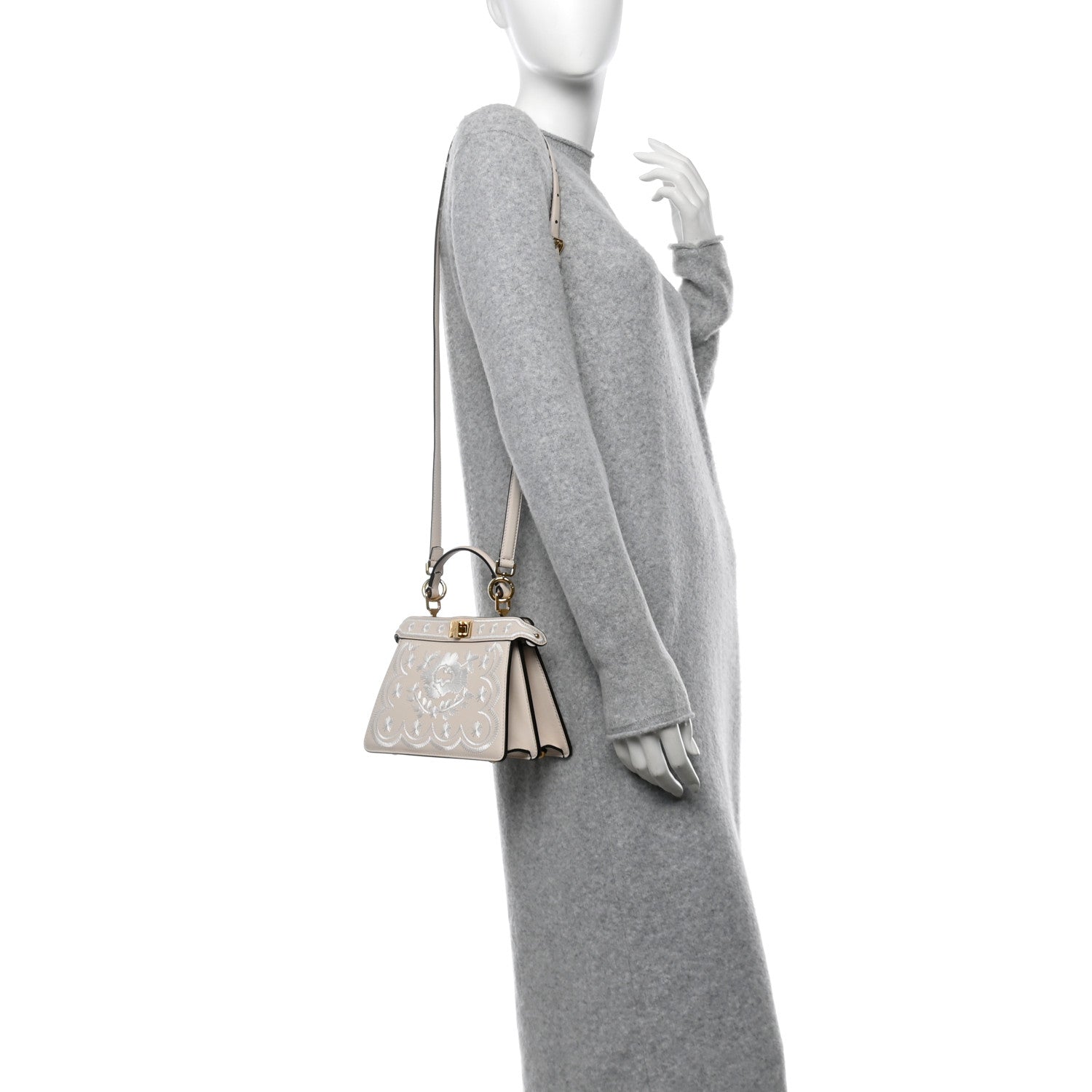 Fendi Vitello Seta Shiny Nappa Floral Embroidered Petite Peekaboo I SEE U Satchel Camelia White Ice 2 of 12