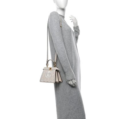 Fendi Vitello Seta Shiny Nappa Floral Embroidered Petite Peekaboo I SEE U Satchel Camelia White Ice 2 of 12