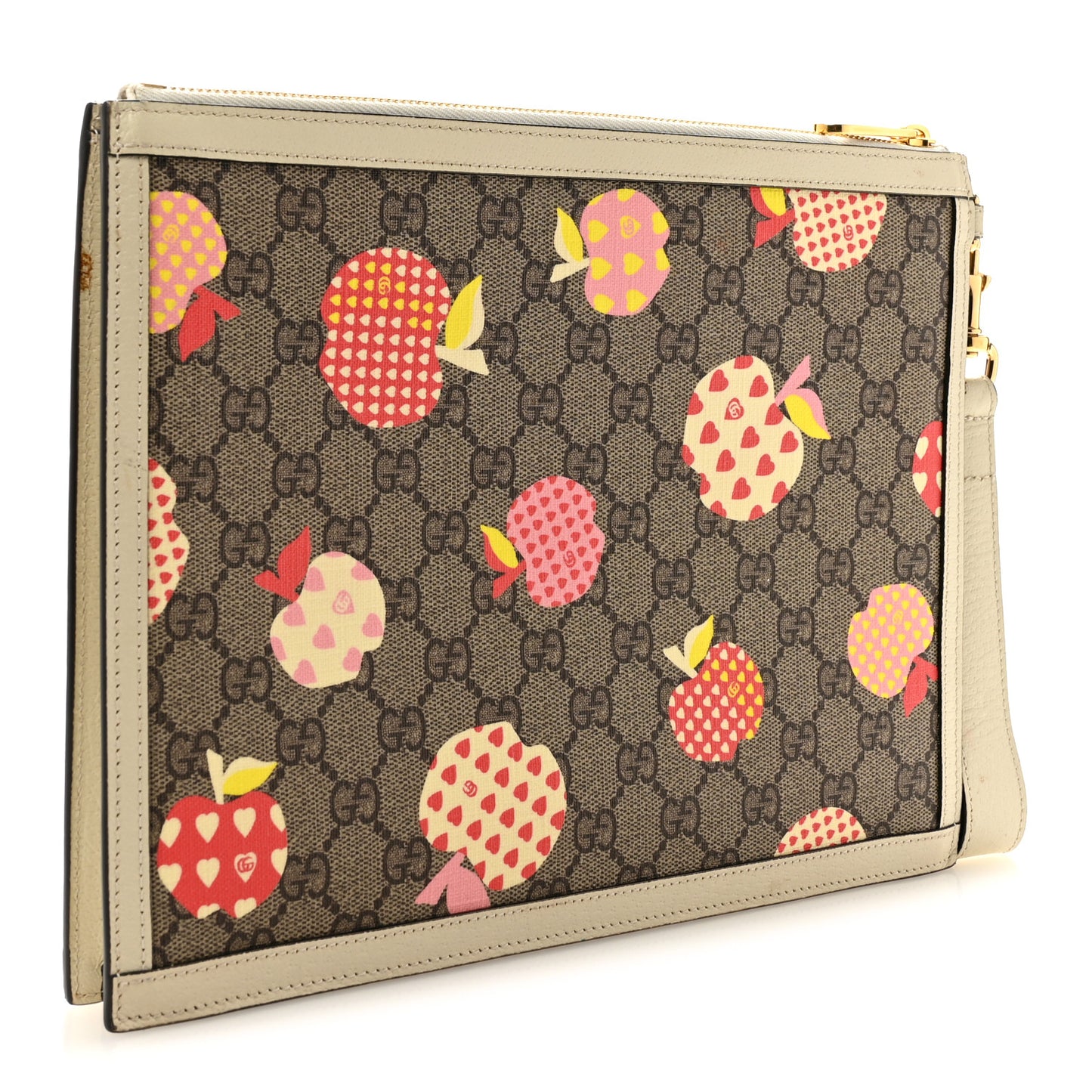GG Supreme Monogram Les Pommes Interlocking G Wristlet Pouch  Beige Multicolor Mystic White