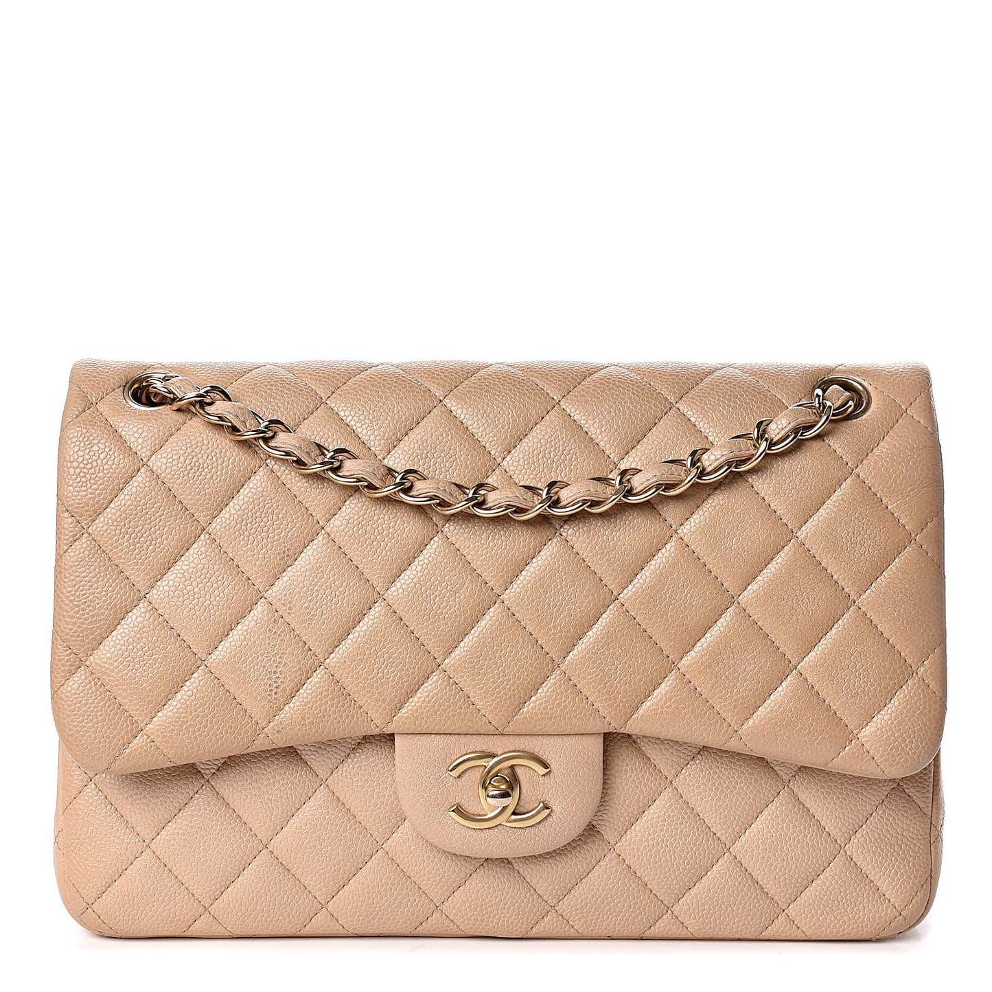 Pearly Caviar Quilted Jumbo Double Flap Beige