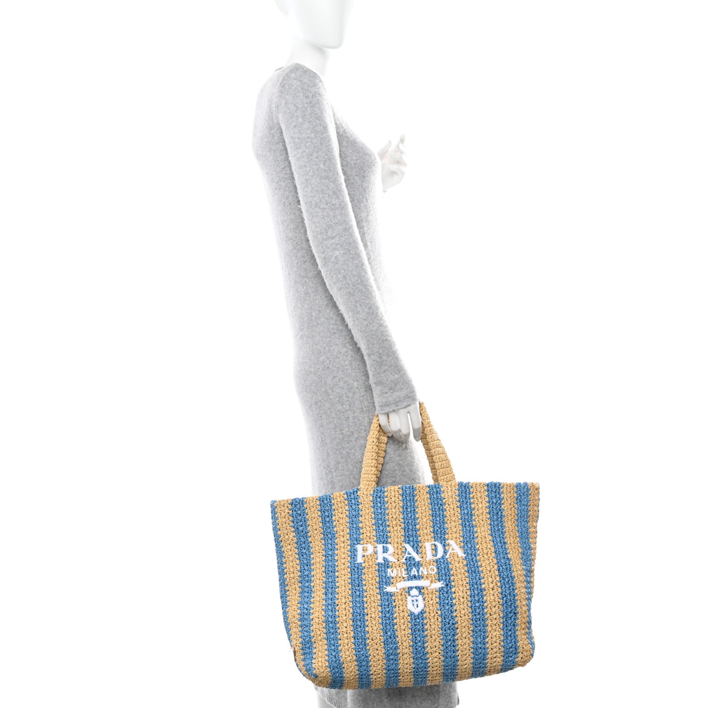 Yarn Raffia Effect Crochet Striped Large Logo Tote Naturale Celeste