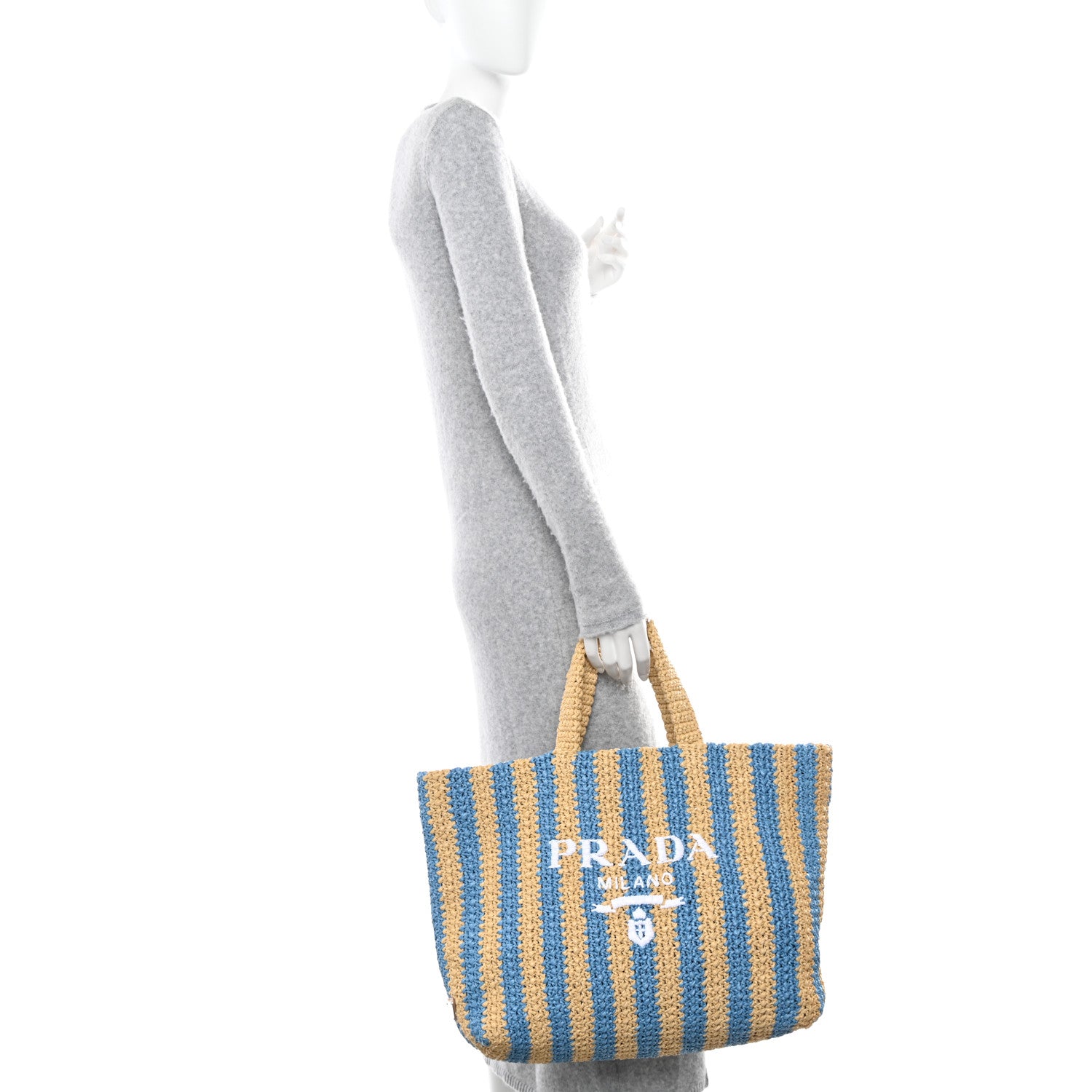Prada Yarn Raffia Effect Crochet Striped Large Logo Tote Naturale Celeste 2 of 10