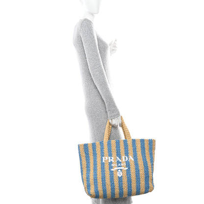 Prada Yarn Raffia Effect Crochet Striped Large Logo Tote Naturale Celeste 2 of 10