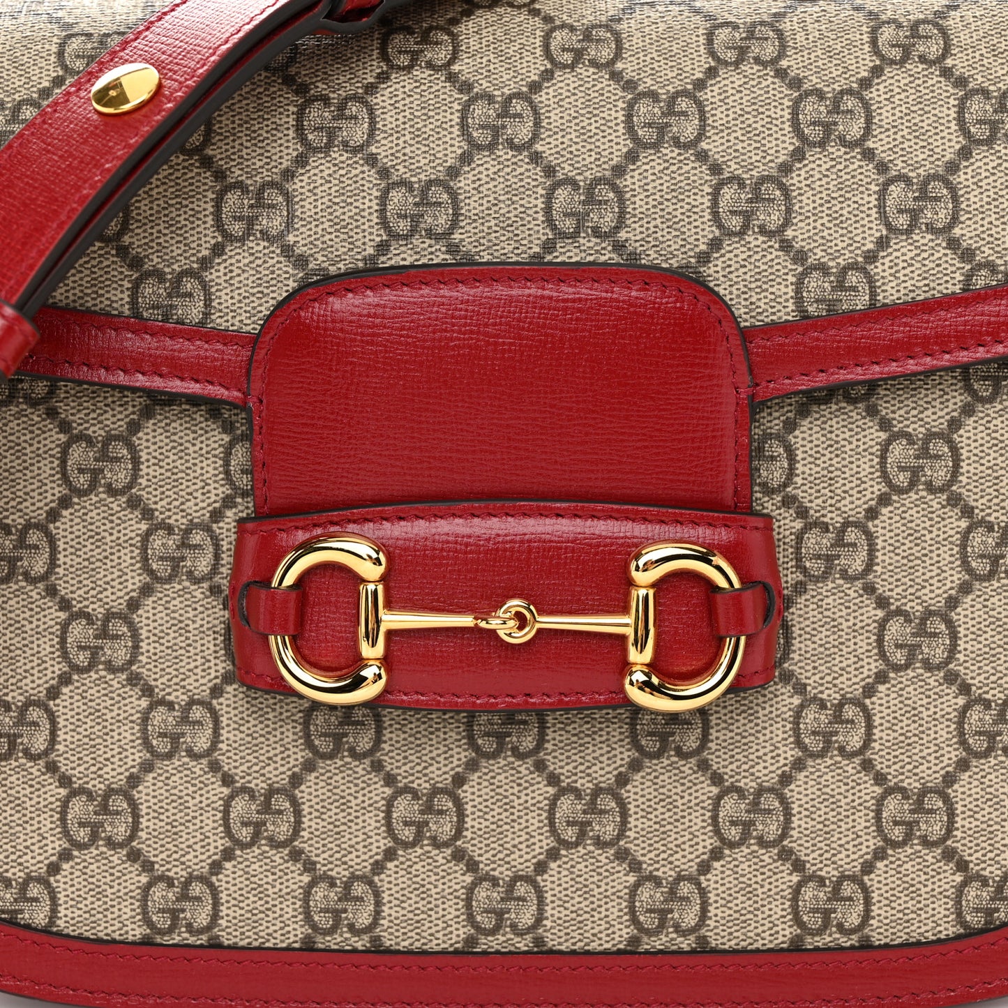 GG Supreme Monogram Azalea Calfskin Horsebit 1955 Shoulder Bag Beige Ebony New Cherry Red