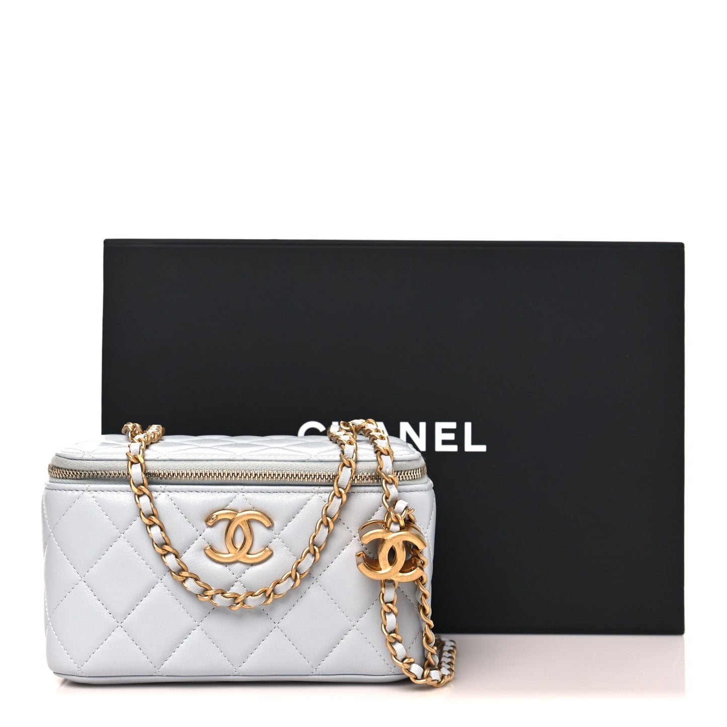 Lambskin Quilted Small CC Vanity Case With Chain Light Blue