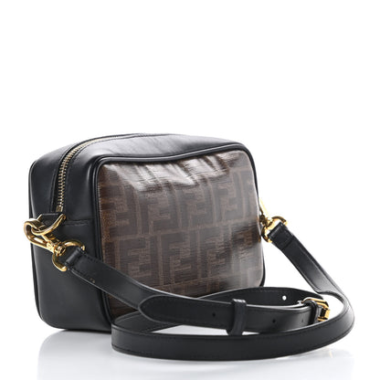 Fendi Glazed Fabric Vitello Century FF 1974 Stamp Patch Mini Camera Case Mogano Panna Black 3 of 14