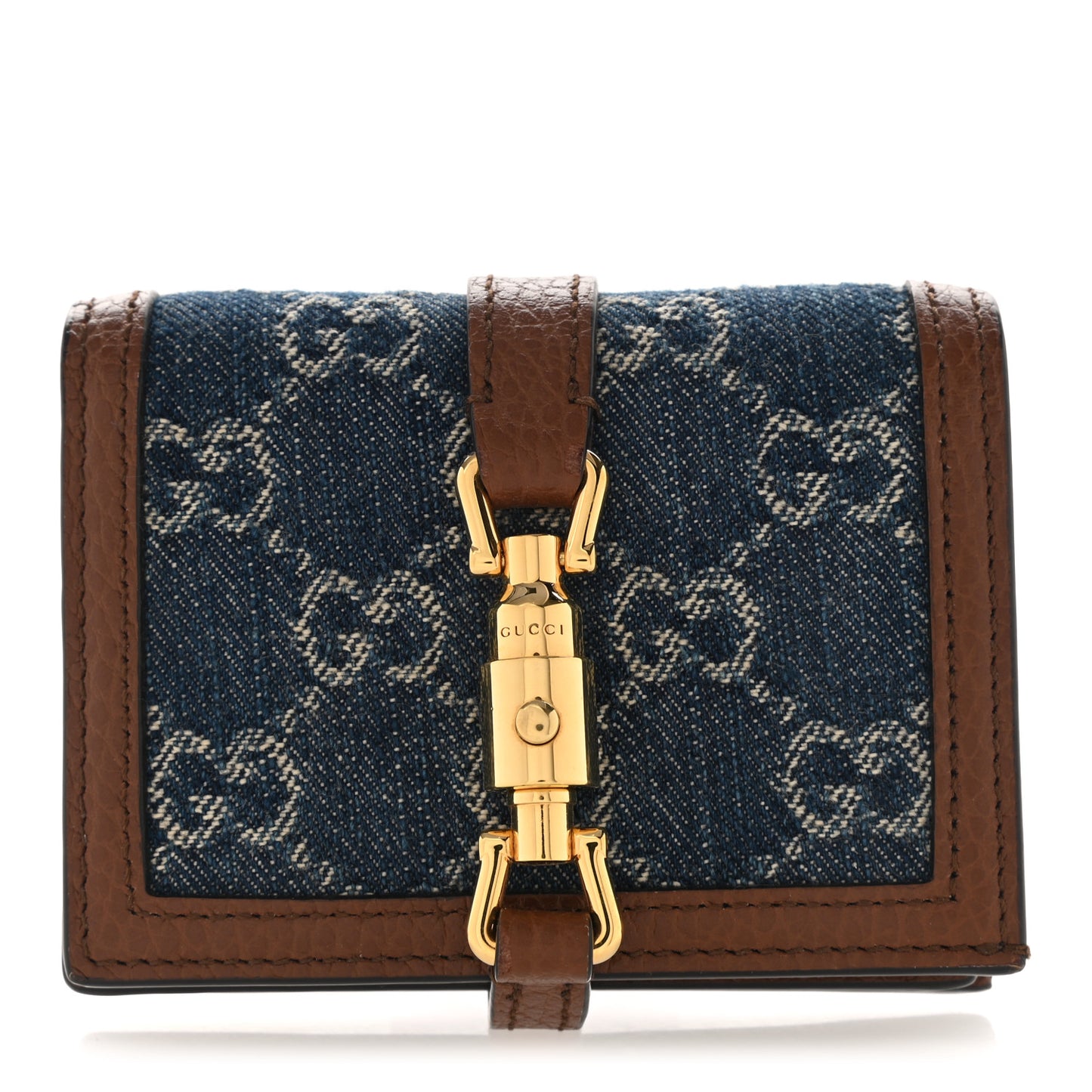 New Denim GG Monogram Jackie 1961 Card Case Blue Tea Cuir