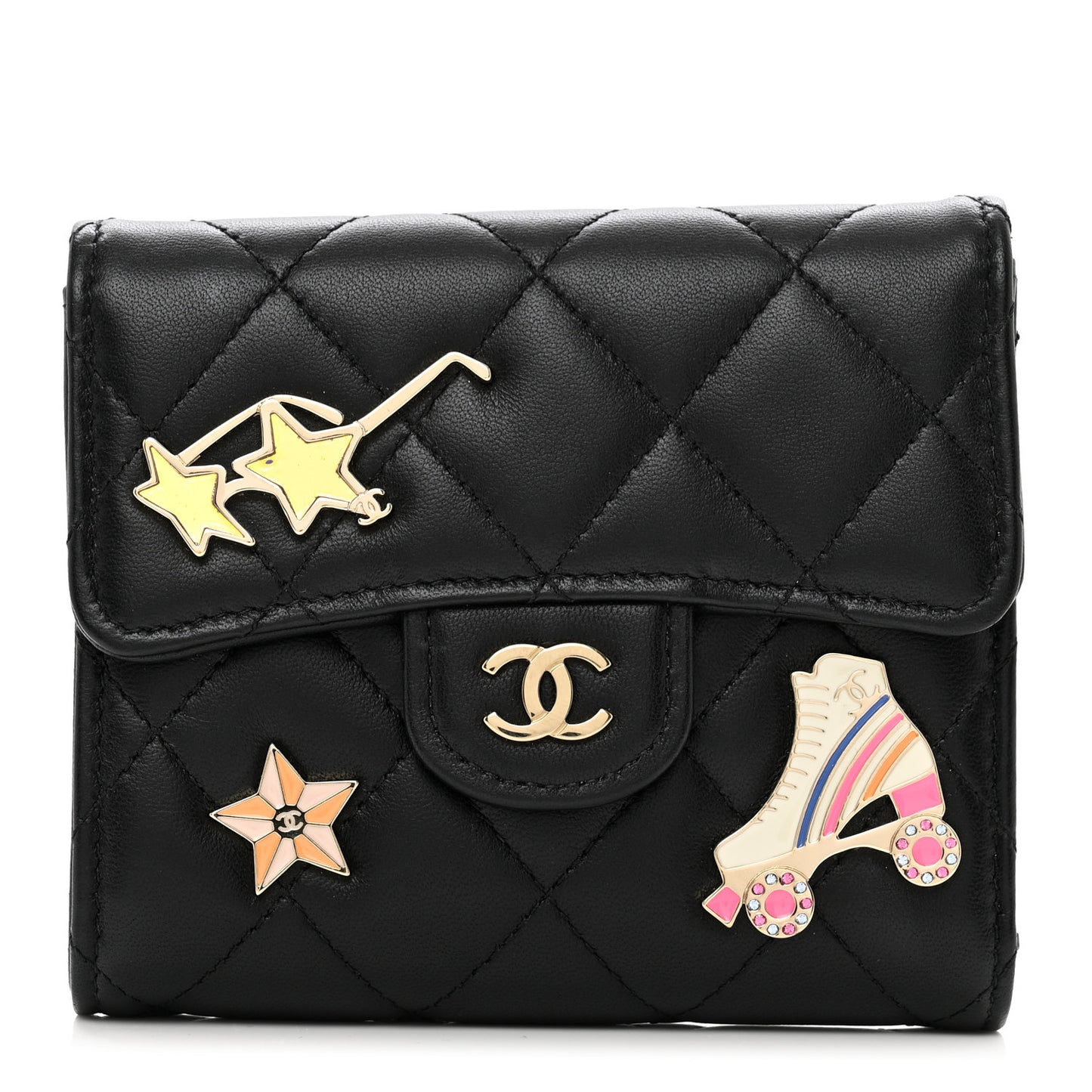 Lambskin Enamel Quilted Roller Skate Compact Flap Wallet Black