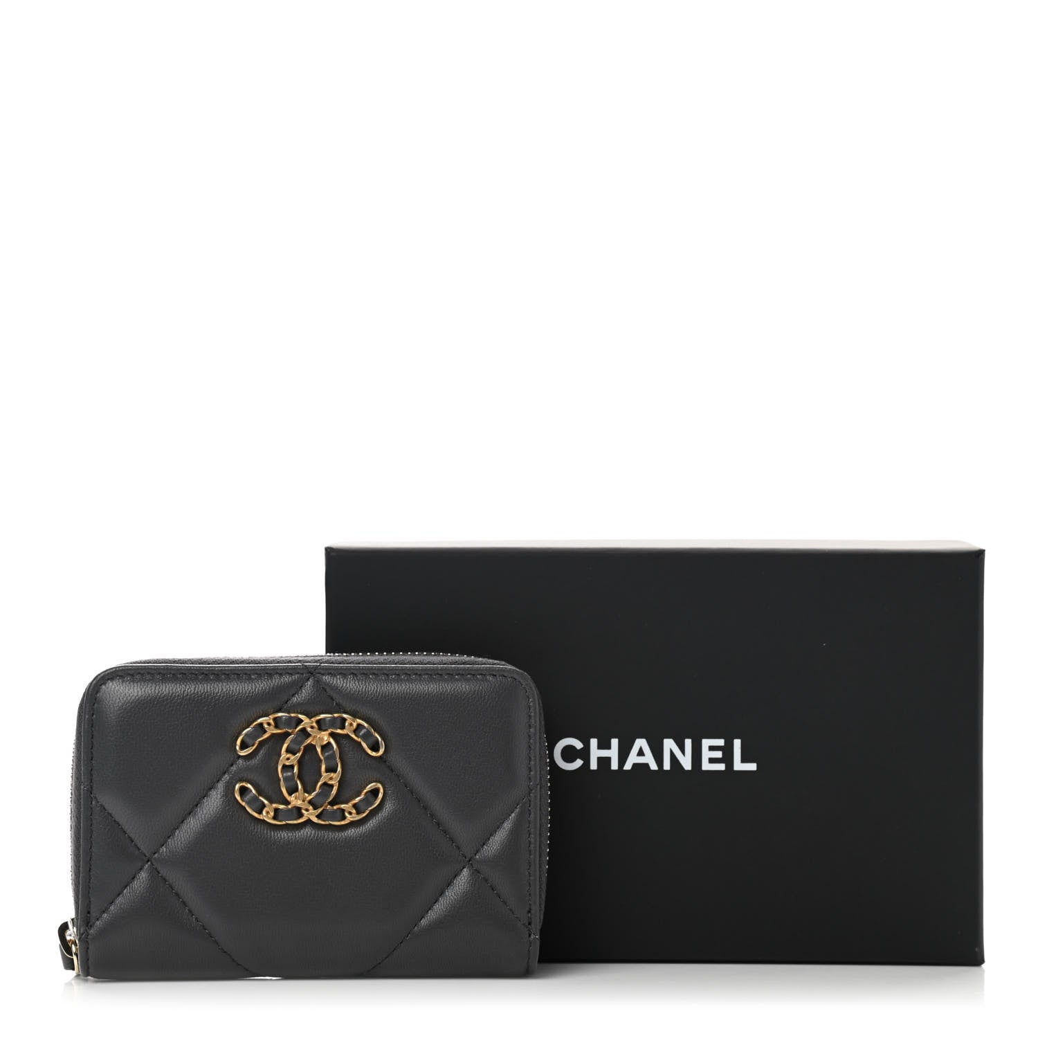 Chanel Lambskin Quilted Chanel 19 Zip Around Coin Purse Wallet Dark Grey 8 of 8