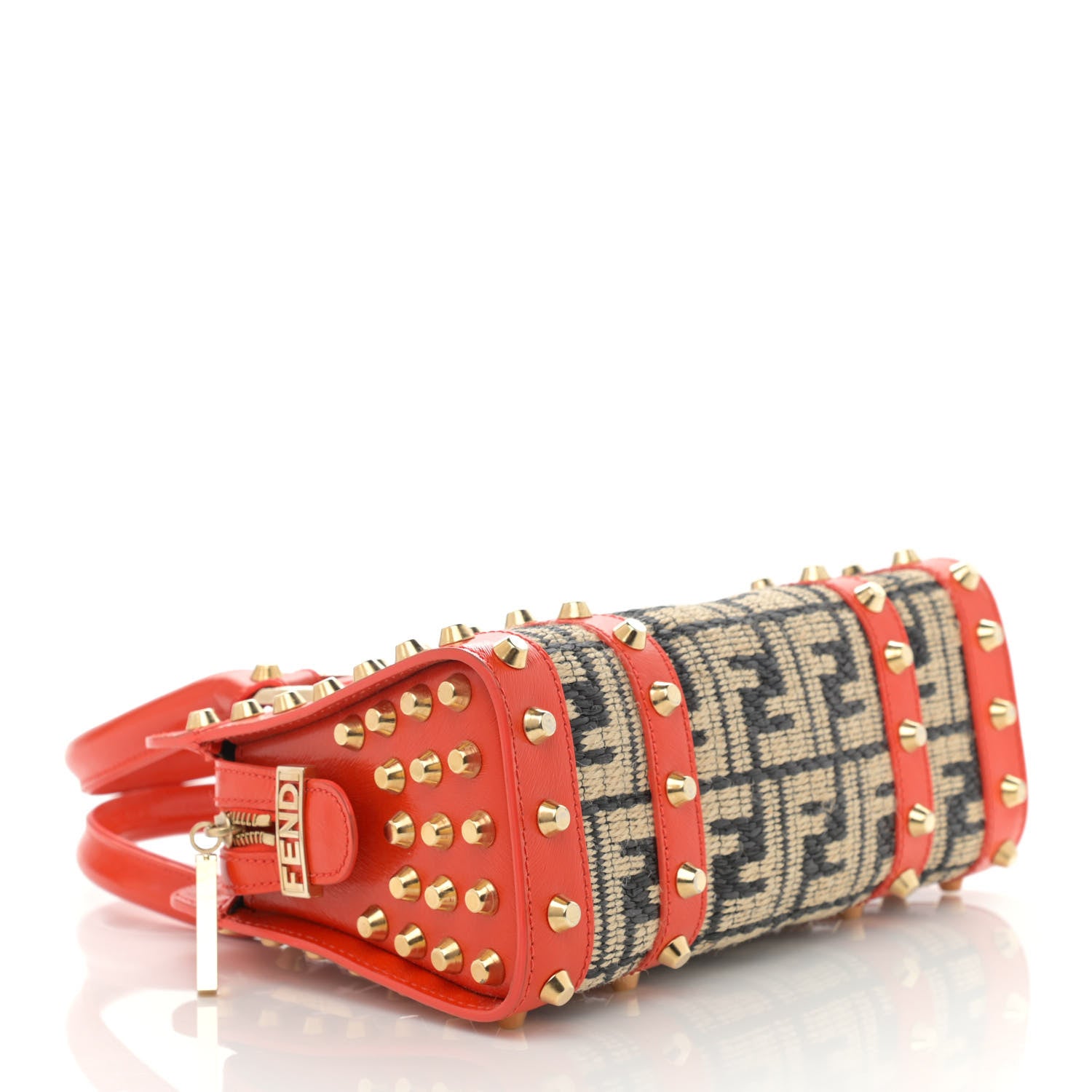 Fendi Raffia Calfskin FF Studded Satchel Orange 4 of 11