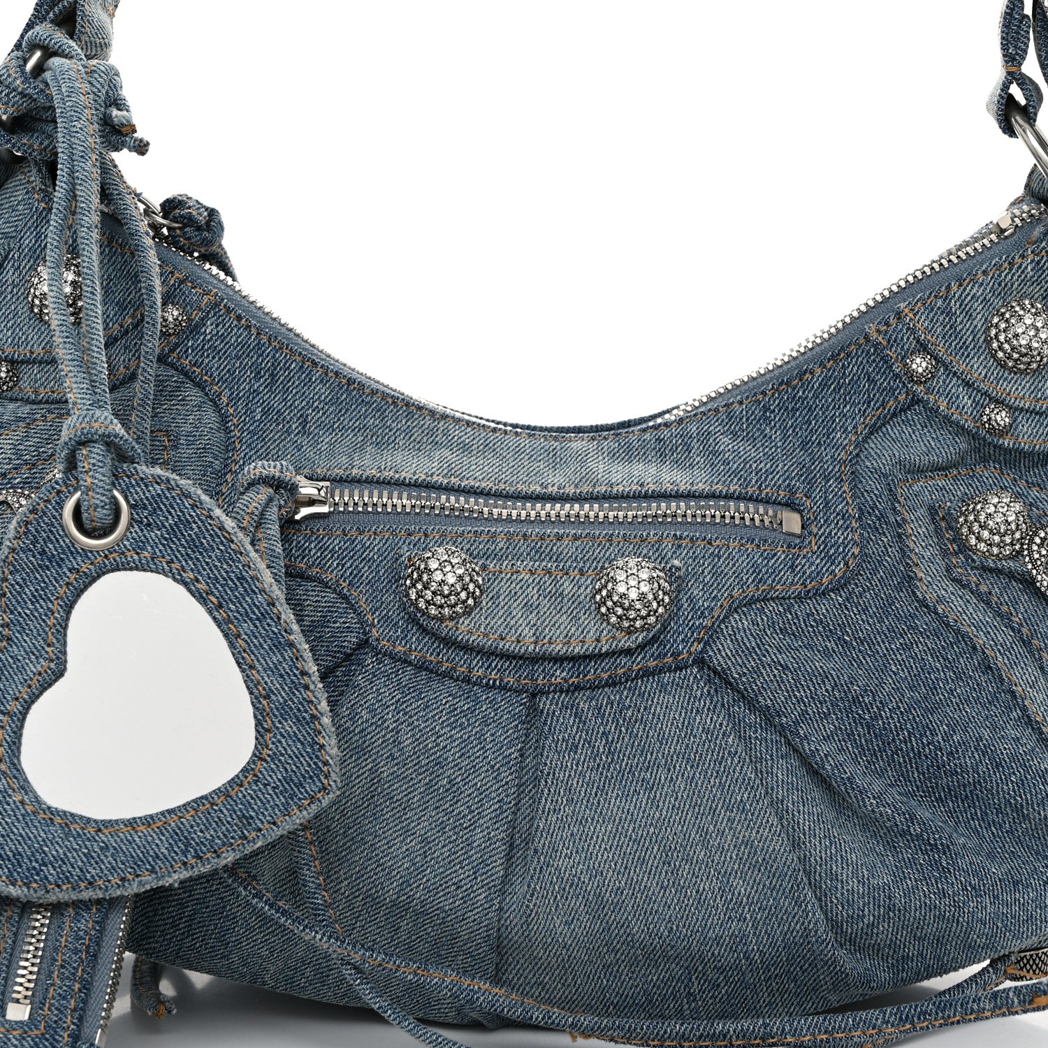 Balenciaga Washed Frayed Denim Crystal Small Le Cagole Shoulder Bag Blue 8 of 12