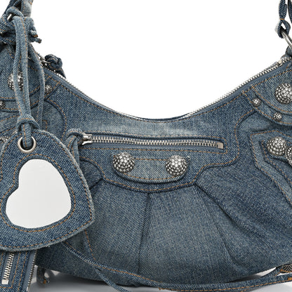Balenciaga Washed Frayed Denim Crystal Small Le Cagole Shoulder Bag Blue 8 of 12