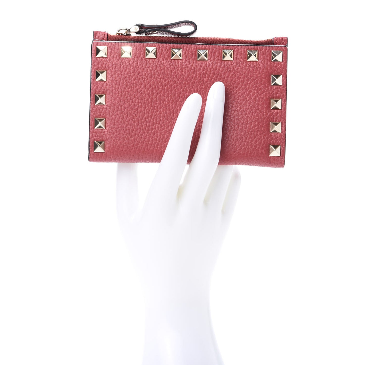 Pebbled Calfskin Rockstud Coin Case Card Holder Pink