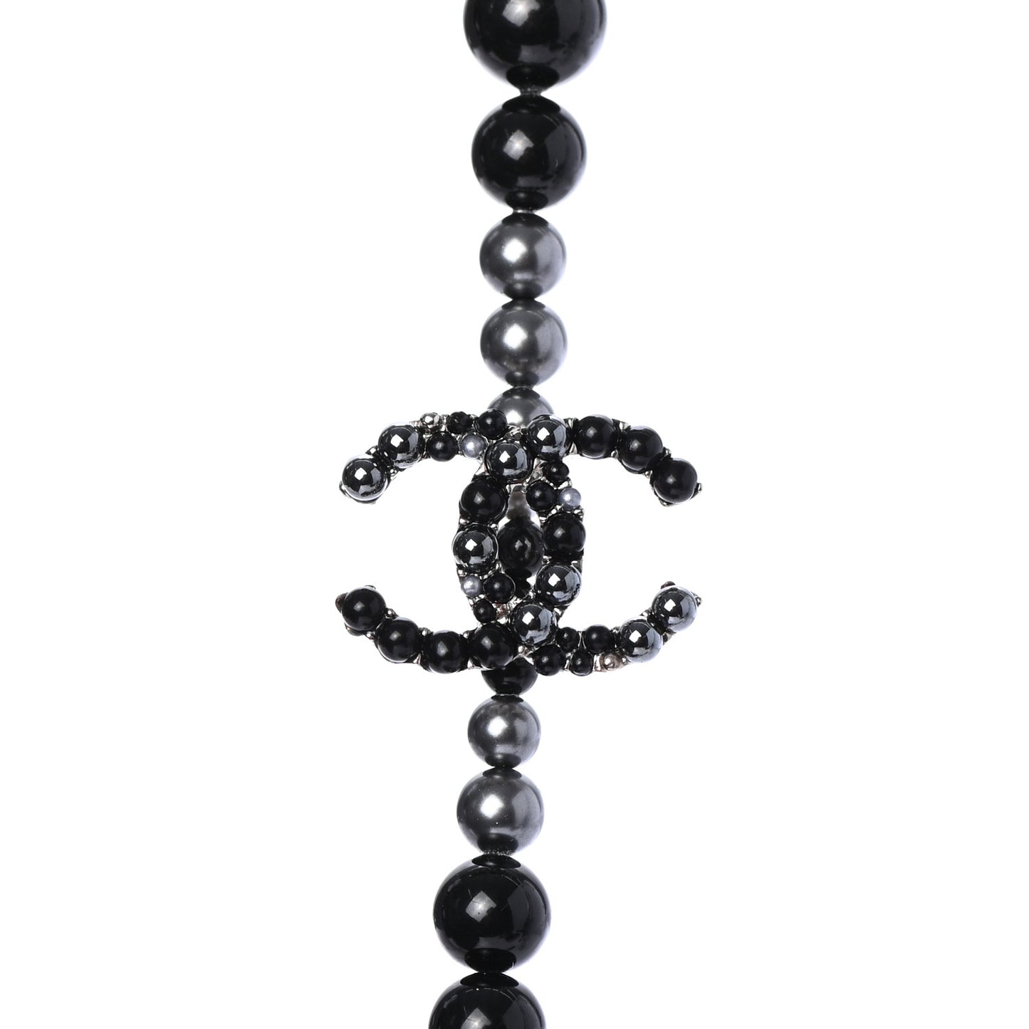 Pearl Beaded CC Long Necklace Black Grey