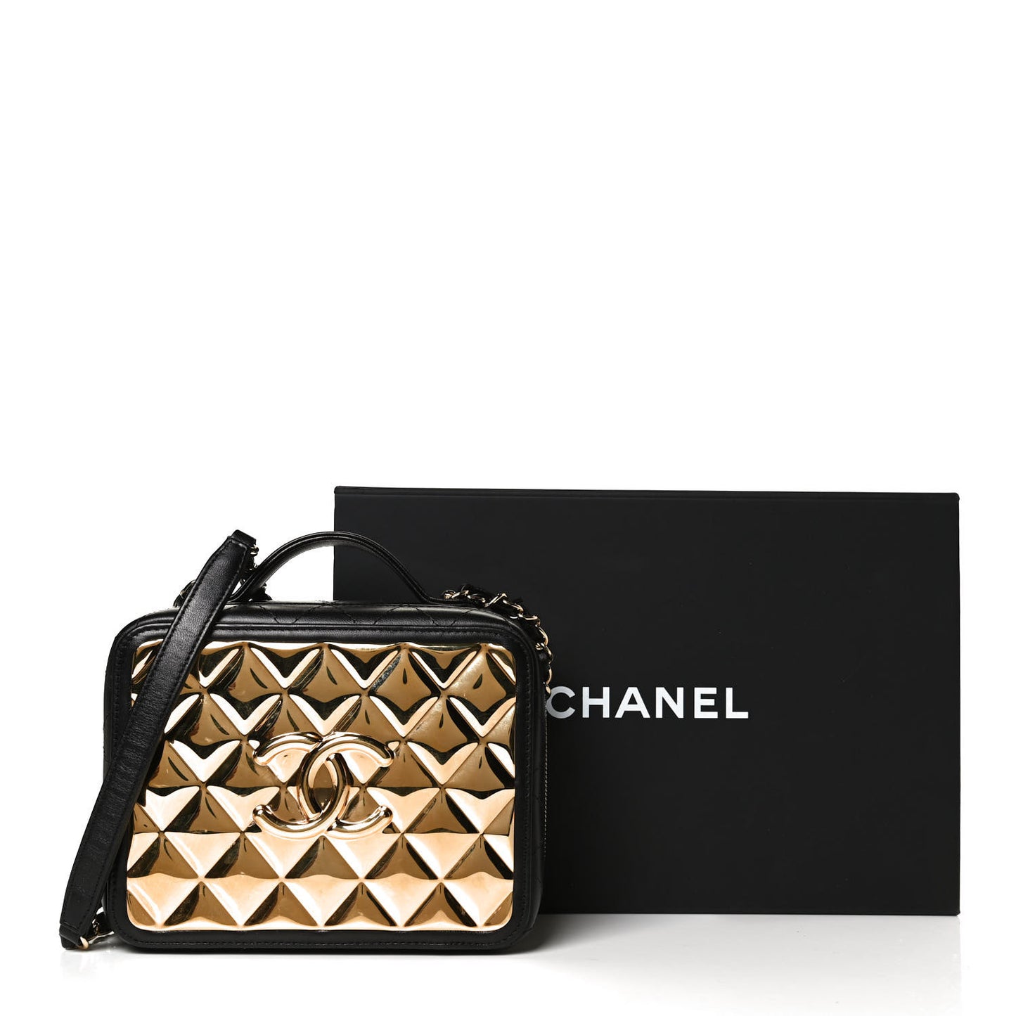 Lambskin Metal Quilted Golden Plate Vanity Case Black Golden Plate Vanity Case Black Gold