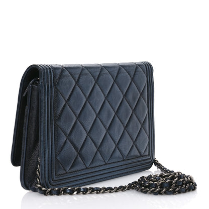 Chanel Metallic Calfskin Quilted Boy Wallet On Chain WOC Navy Blue 3 of 12