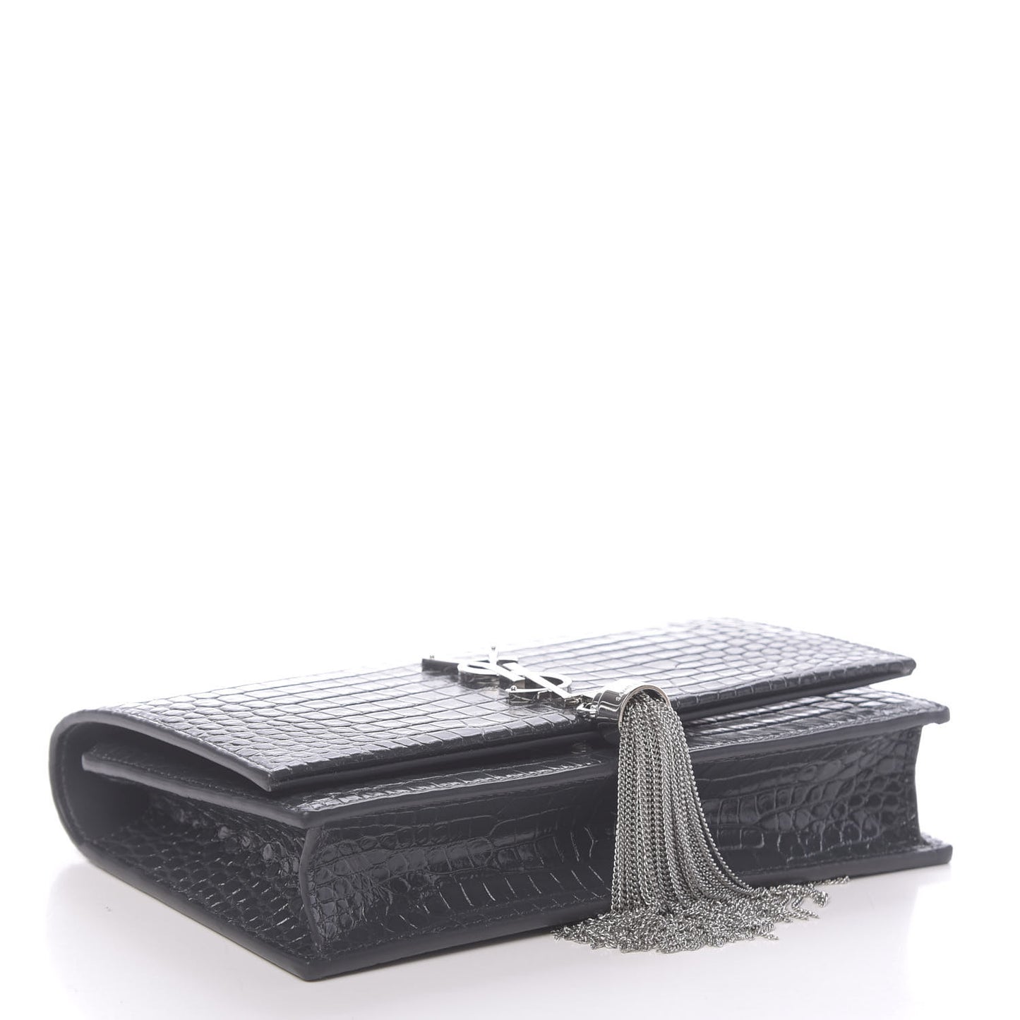 Calfskin Crocodile Embossed Kate Monogram Tassel Chain Wallet Dark Smog