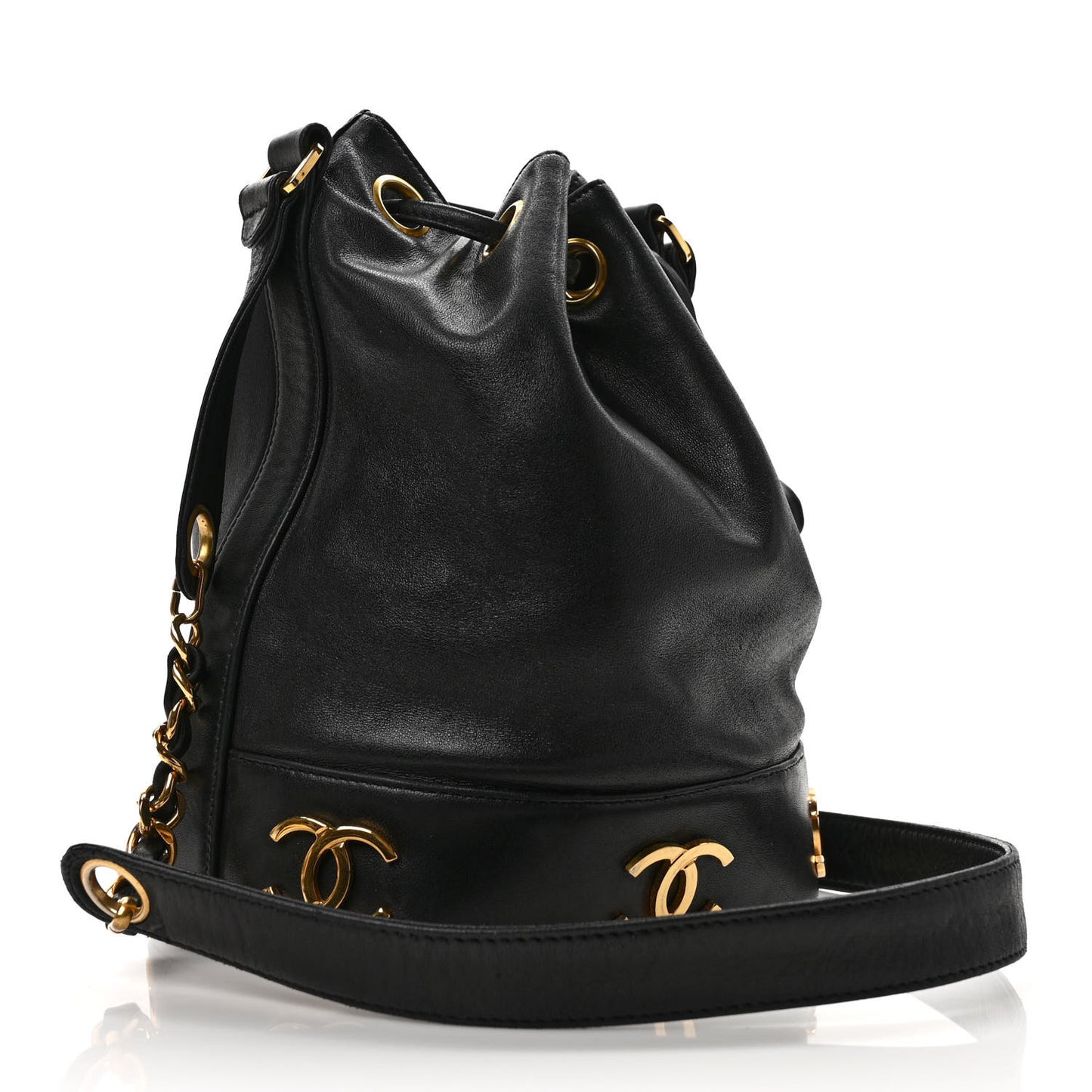 Lambskin CC Drawstring Shoulder Bag Black