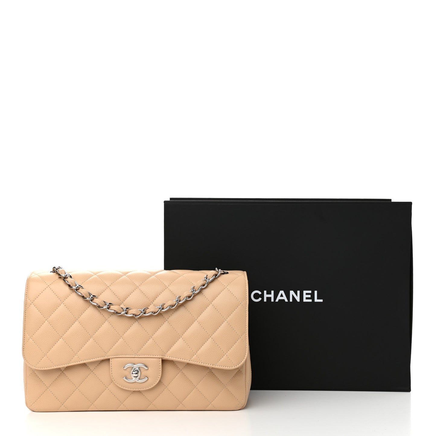 Caviar Quilted Jumbo Double Flap Beige Clair