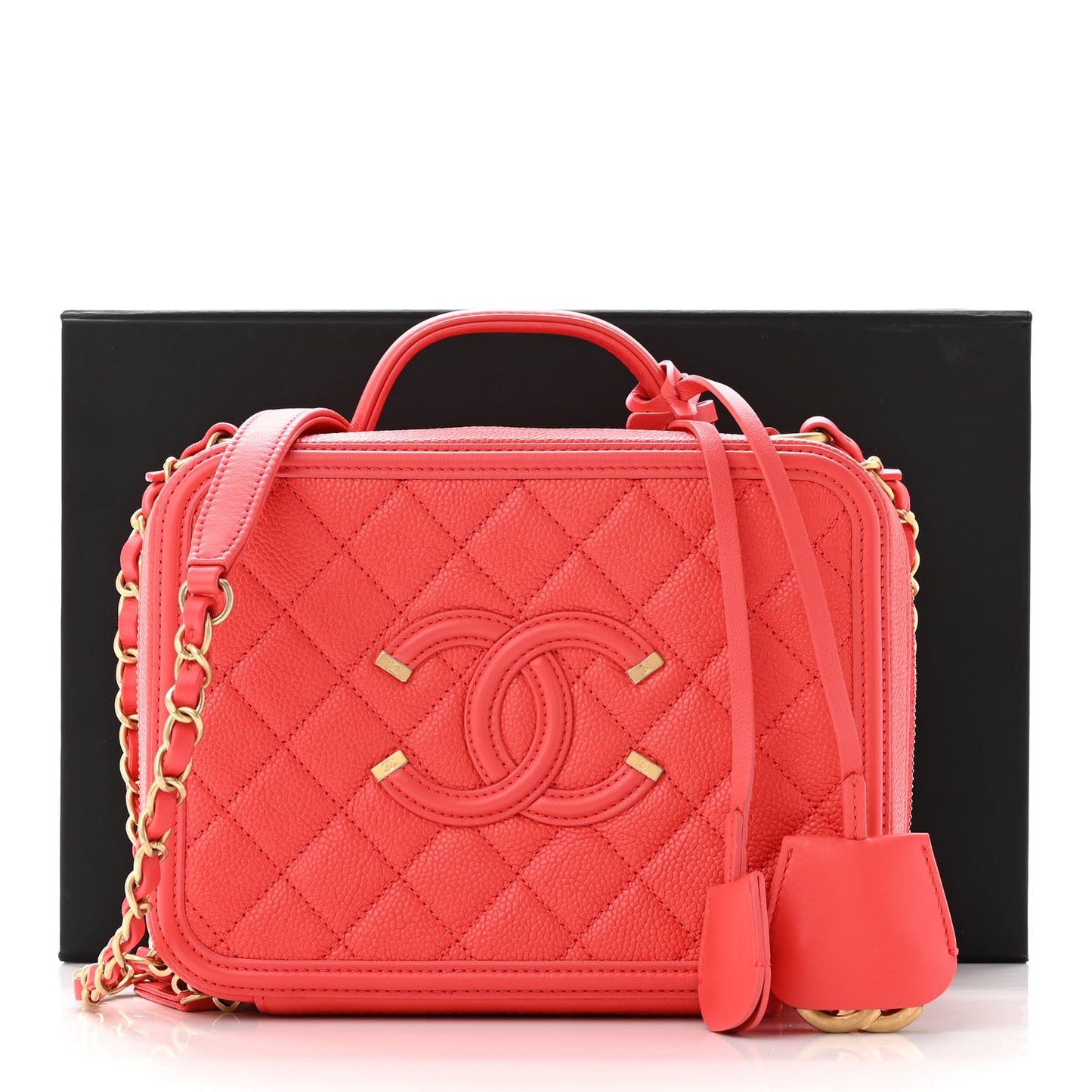 Caviar Quilted Medium CC Filigree Vanity Case Coral