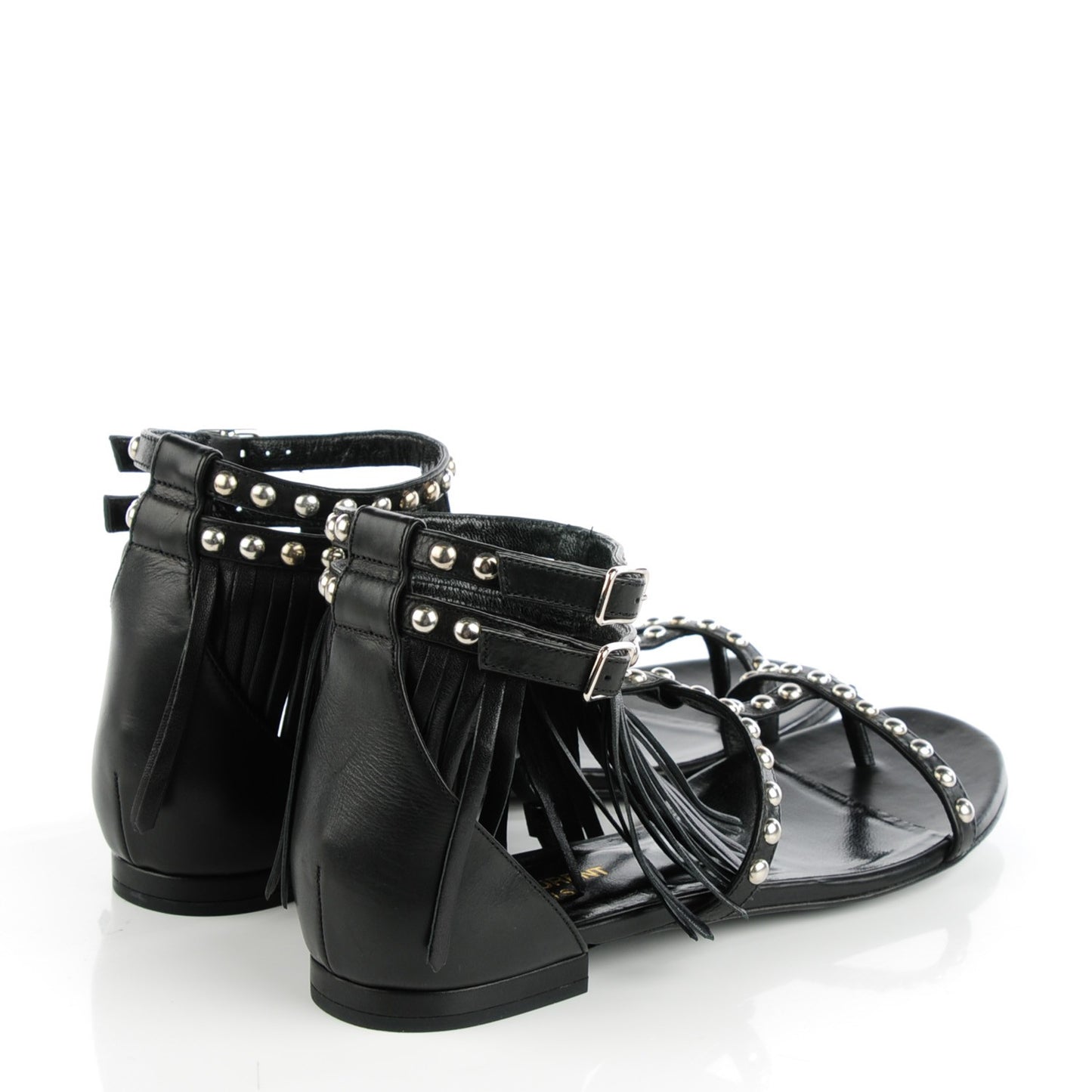 Calfskin Studded Fringe Cyuko Sandals 38 Black