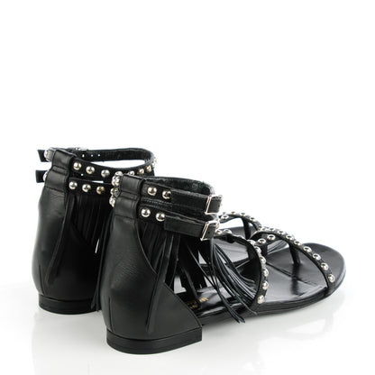 Saint Laurent Calfskin Studded Fringe Cyuko Sandals 38 Black 4 of 8