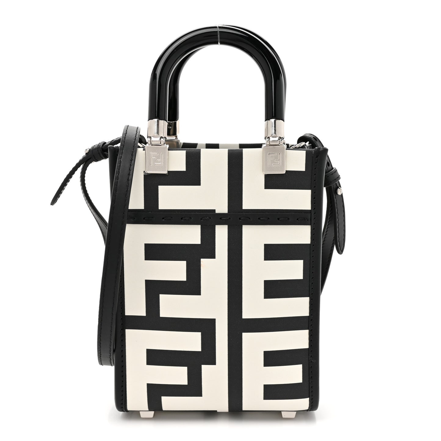 X MARC JACOBS Vitello King Plexiglass Logo Print Mini Fendi Sunshine Shopper Tote Black White